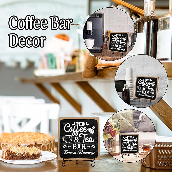 Coffee Bar Sign, Love is Brewing Farmhouse Tabletop Decor, Coffee and Tea Lover Gifts, 5x5 Wood Plaque with Iron Stand for Home Kitchen Cafe, Coffee Bar Decor – L04