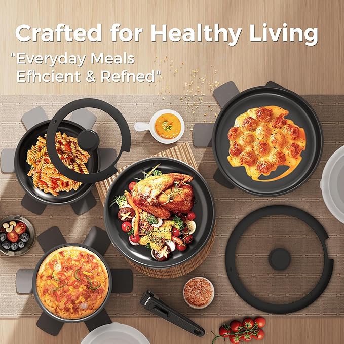 Sanho 21-Piece Pots and Pans Set, Healthy Ceramic Nonstick Cookware with Detachable Handles, Non-Toxic 4-Layer Stainless Steel & Aluminum Core, Induction RV Kitchen Set, Dishwasher & Oven Safe, Black