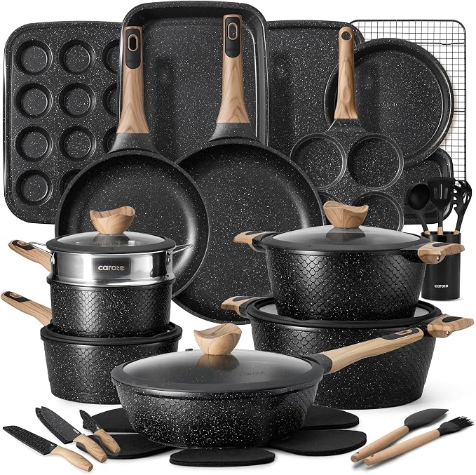CAROTE 39pcs Nonstick Cookware Sets, Pots and Pans Set with Bakeware | Induction Kitchen Cooking Set, Special Texture Design, Ultra Durable, Easy Food Release, Even Heating, with Knife Set