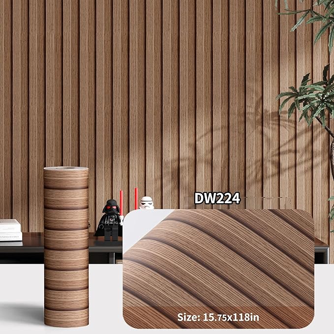 Haimin Wood Grain Slat Wall Panels Peel and Stick Faux Wood Thick Wallpaper 118"x15.75" Waterproof PET & IXPE Foam Paneling (Brown)