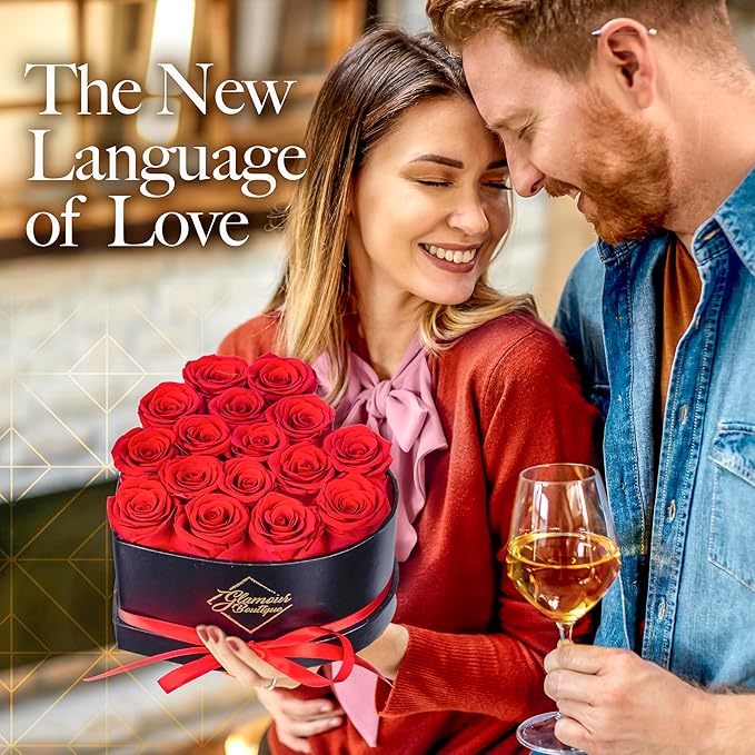 GLAMOUR BOUTIQUE 16 Flower Forever Heart Shape Box, Eternal Preserved Roses Gift for Her, Lasting Flowers, Romantic Floral Keepsake for Birthday, Anniversary or Valentine’s Day, Red (Color-Treated)