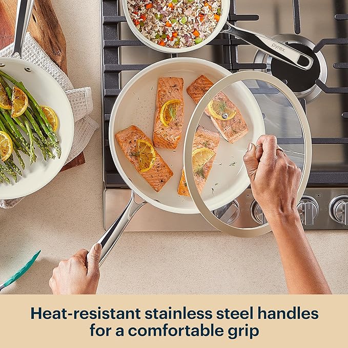 Pyrex 7-Piece Ceramic Cookware Set, Pots and Pans with Lids & Stainless Steel Handles, Healthy Nonstick Ceramic Coating, Induction Compatible Stainless Steel, PFAS Lead Cadmium BPA Free