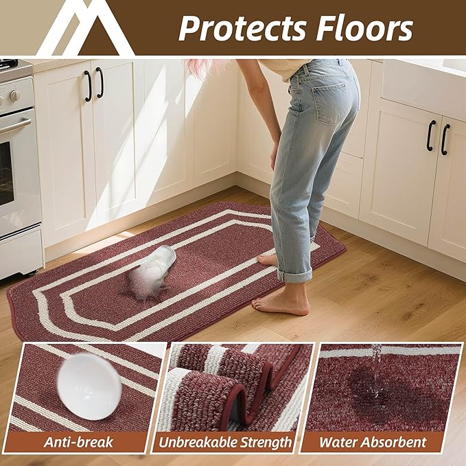 COSY HOMEER Long Kitchen Floor Mats for in Front of Sink Super Absorbent Kitchen Rugs and Mats 24"x48" Non-Skid Kitchen Mat Standing Mat Washable,Polypropylene,Red,Frame
