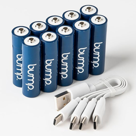 bump NiMH AA Rechargeable Batteries 1.2V - 10 Pack Long-Lasting and Versatile (1000mAh), 4-in-1 USB-C Charging Cords Included - Ideal for Solar Lights, Keyboards, Remote Controls and Xbox Controllers