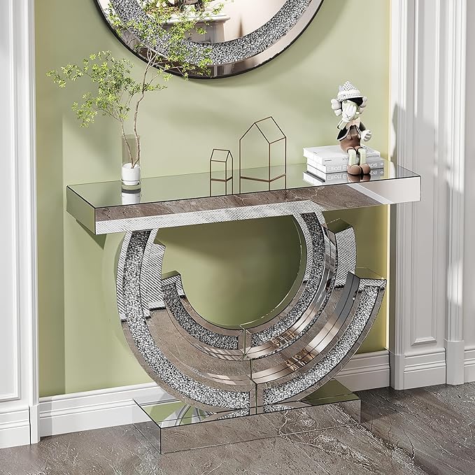 SSLine 2-Piece Set Mirrored Console Table with Wall Mirror, 43" Modern Mirror Entryway Table with 3C-Shape Base, Round Crush Diamond Decor Mirror for Entryway Hallway