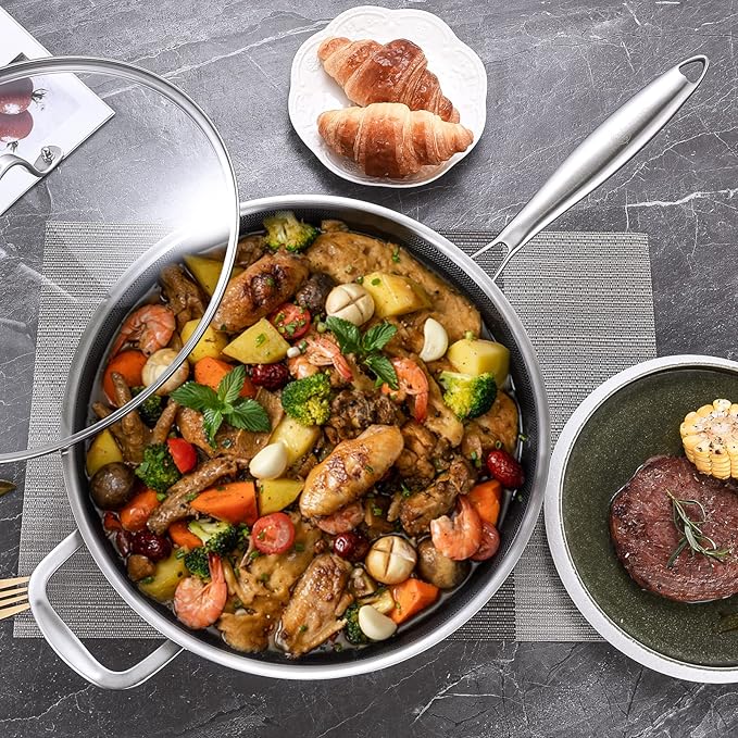 LOLYKITCH 6 QT Large Skillet with Lid, 12 Inch Nonstick Deep Frying Pan, Tri-Ply Stainless Steel Hybrid Saute Pan for Family Meals, Induction Oven Compatible Ceramic Coated, Detachable Handle