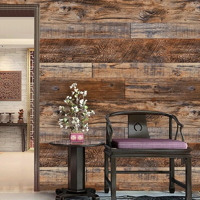 WENMER 11.8" x 394" Brown Wood Wallpaper Peel and Stick Wallpaper Shiplap Self Adhesive Wall Paper Removable Wood Contact Paper for Cabinet Countertop Shelf Drawer Wall Door