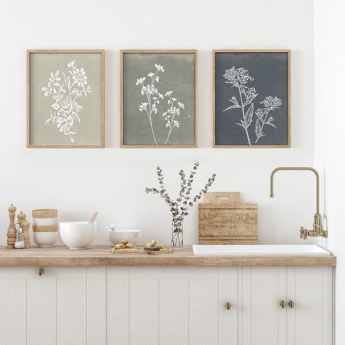Framed Boho Wall Art Set of 4 for Wooded Minimalist Botanical Print Wall Art for Rustic Vintage Farmhouse Home Kitchen Wall Decor (Brown, 16"x20")
