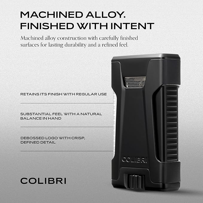 Colibri Rebel Double Jet Flame Torch Lighter, Windproof & Refillable, Cigar Enthusiast's Choice with Blue Fuel Window and Adjustable Flame (Matte Black + Black)