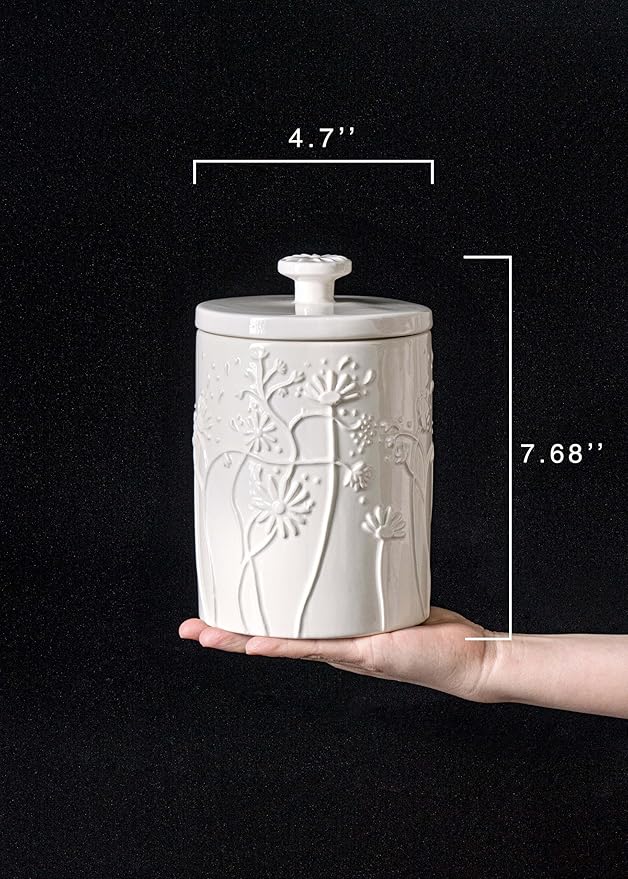 Ceramic Larger Swaying Flowers Kitchen Canister Airtight Coffee Canister For Ground Coffee Sugar Tea Storage Container White Cookie Jar For Kitchen Counter Kitchen And Bar accessories Holder