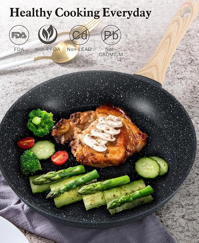 12-Piece Nonstick Ceramic Cookware Set, Healthy Non-Toxic Granite Pots and Pans Set, PFAS PFOA Free Kitchen Cookware with Silicone Spatula, Dishwasher Safe, Black