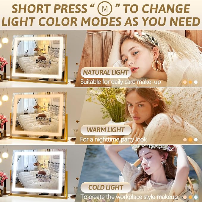ROLOVE Vanity Mirror with Lights 22"x18", Lighted Makeup Mirror with 10X Magnification, Smart Touch 3 Colors Dimmable, 360° Rotation, Women Gift, Dresser Mount, Bathroom (Gold)