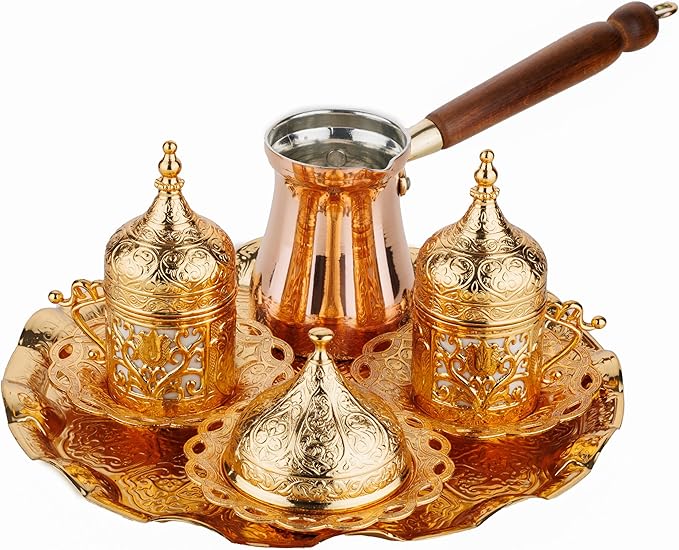 DEMMEX Turkish Greek Arabic Coffee Making and Serving Full Set with Cups Saucers Lids Sugar Bowl Tray and Copper Coffee Pot, Hand Decorated with Gold Crystals, 12 Pcs (Gold)