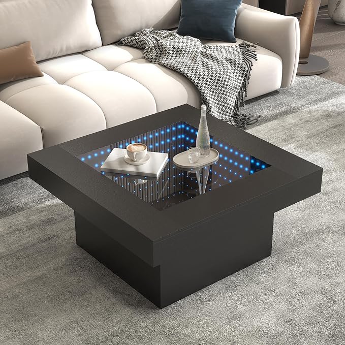 FKWin Black Coffee Table - Endless Depth Morden Square Coffee Table with LED Lights, Mirror Coffee Tables for Living Room, Tempered Glass-Top Center Tables, 31"