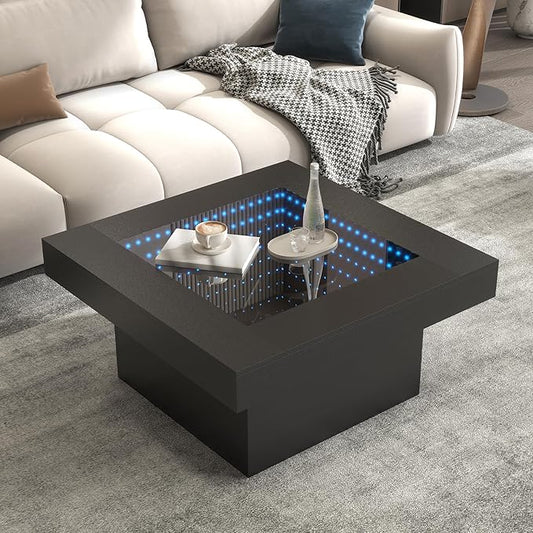 FKWin Black Coffee Table - Endless Depth Morden Square Coffee Table with LED Lights, Mirror Coffee Tables for Living Room, Tempered Glass-Top Center Tables, 31"