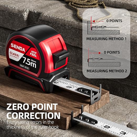 SENDA Tape Measure 25FT with 1/8 Fraction, Double-Hook Measuring Tape Retractable with 1 Inch Wide Blade & Belt Clip, ABS TPR Rubber Protection,Matte Nylon-Coated Blade for DIY, Construction (2 Pack)