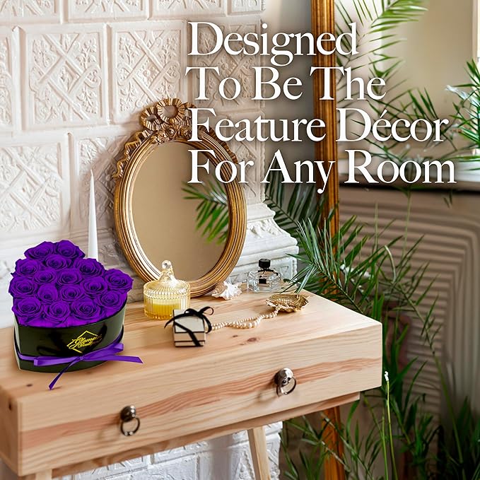GLAMOUR BOUTIQUE 16 Flower Forever Heart Shape Box, Eternal Preserved Roses Gift for Her, Lasting Flowers, Romantic Floral Keepsake for Birthday, Anniversary or Valentine’s Day, Purple (Color-Treated)