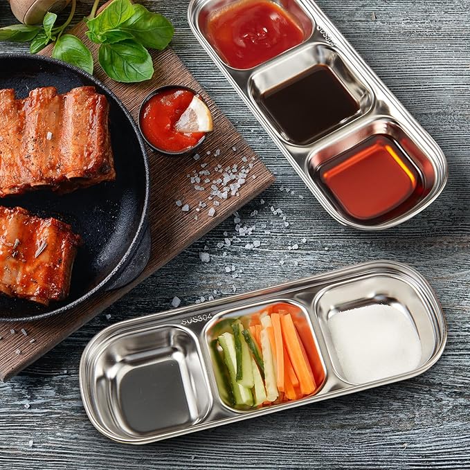 Maxcheck 6 Pcs Soy Sauce Dish Stainless Steel Divided Dip Bowls Korean 3 Compartment Sauce Plate Seasoning Dipping Condiment Tray for BBQ Vinegar Spice Salt Sugar Flavor Home Restaurant (Silver)