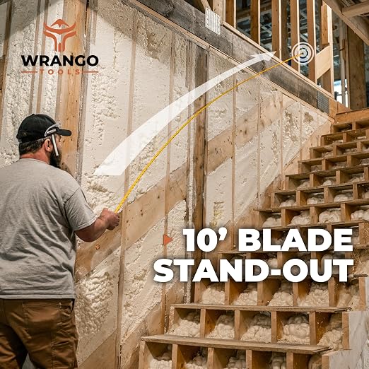 Wrango Tools 30 FT Tape Measure - Retractable Measuring Tape - Oversized & Double-Sided Print - Blade Lock, Finger Brake - High Performance Nylon Coating, 10' Stand-Out - 13' Reach / 1-1/16" Blade