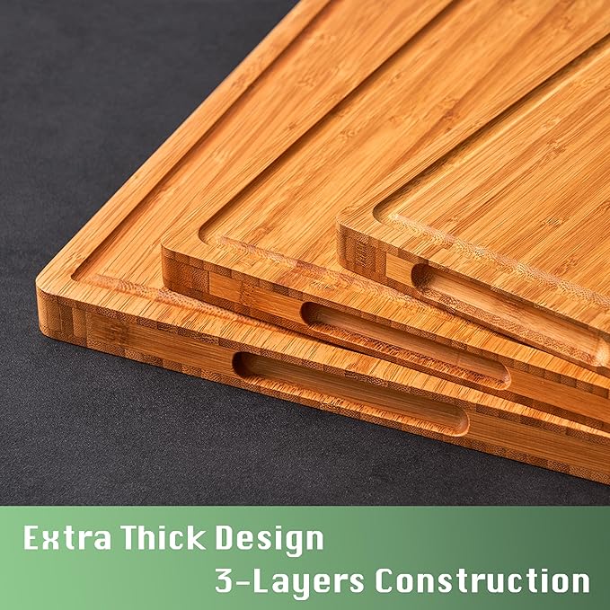 Allsum Carbonized Bamboo Wood Cutting Boards for Kitchen, 1” Thick Wooden Butcher with Juice Grooves and Handles, Cute Cheese Charcuterie Boards as a Gift for Chef, Family, 3 Pack