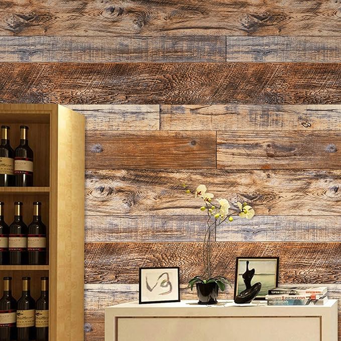 WENMER 11.8" x 78.7" Brown Wood Peel and Stick Wallpaper Shiplap Self Adhesive Wall Paper Wood Plank Wallpaper for Cabinet Countertop Shelf Drawer Wall Door