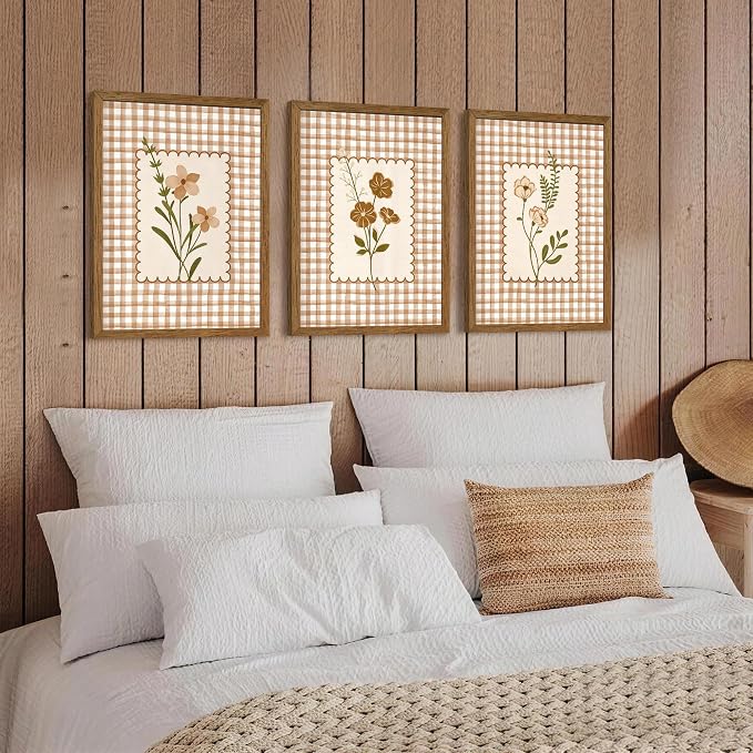 JLTULT Farmhouse Botanical Wall Art Set of 3, Neutral Brown Cottagecore Floral Prints, Wood Framed Wall Decor for Bedroom Living Room Nursery Hallway, 12x16 Inches Each, Ready to Hang