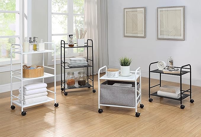 SunnyPoint 2-Tier Metal Rolling Utility Cart – Mobile Storage Shelf with Caster Wheels – Small Space Organizer for Home, Office, Bedroom, Kitchen (WHT) (Pack of 2)