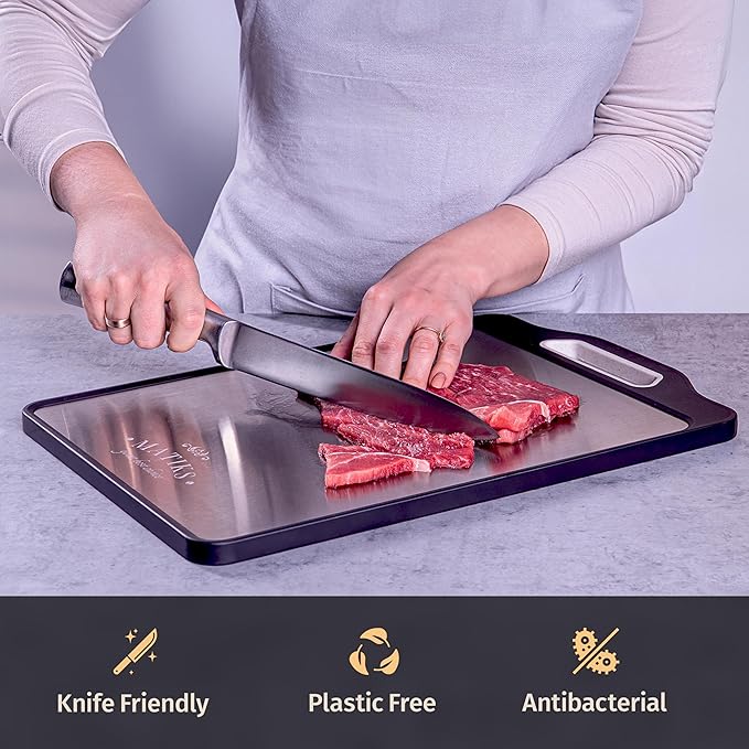 Matiks Stainless Steel Cutting Board Set - 16”×11” Large Double Sided Dishwasher Safe Metal Cutting Board for Kitchen – Housewarming Gifts New Home - New Home Gift Ideas - First Home Cooking Gifts