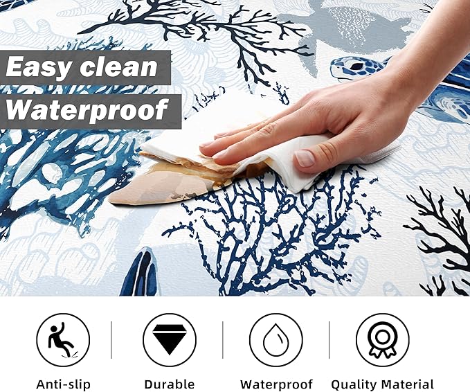 Coastal Beach Kitchen Floor Mat Rugs Nautical Decorative Coral Sea Turtle Kitchen Rugs Anti Fatigue Mats Non-Slip Comfort Standing Cushioned for Kitchen 17.3" 28" + 17.3" x 47" Set 2 Pcs Navy Blue