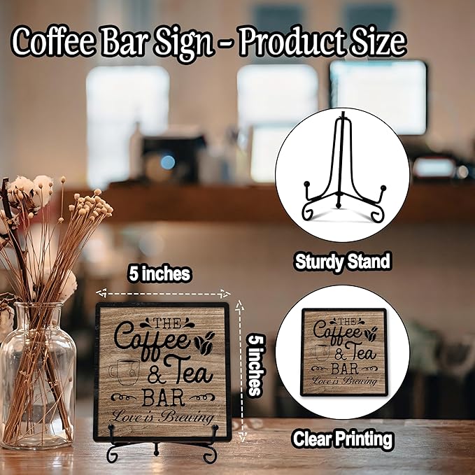 Coffee Bar Sign, Love is Brewing Farmhouse Tabletop Decor, Coffee and Tea Lover Gifts, 5x5 Wood Plaque with Iron Stand for Home Kitchen Cafe, Coffee Bar Decor – L02