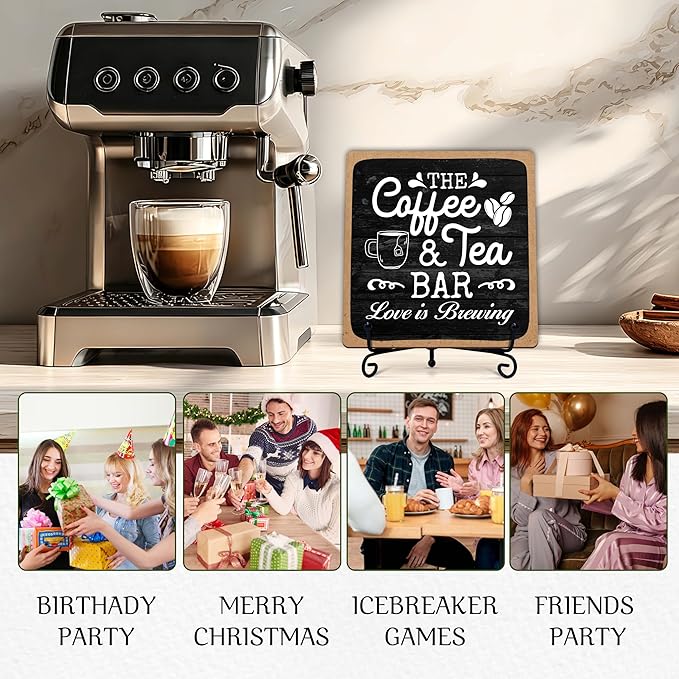 Coffee Bar Sign, Love is Brewing Farmhouse Tabletop Decor, Coffee and Tea Lover Gifts, 5x5 Wood Plaque with Iron Stand for Home Kitchen Cafe, Coffee Bar Decor – L04