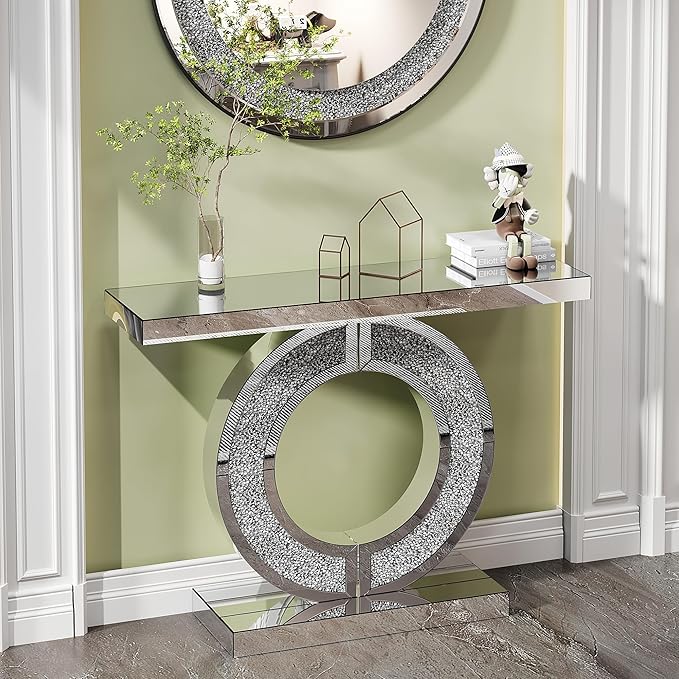 SSLine Mirror Console Table for Living Room 43" Modern Mirrored Entryway Table with Crystal O-Shape Base Luxury Silver Foyer Tables for Entryway Hallway