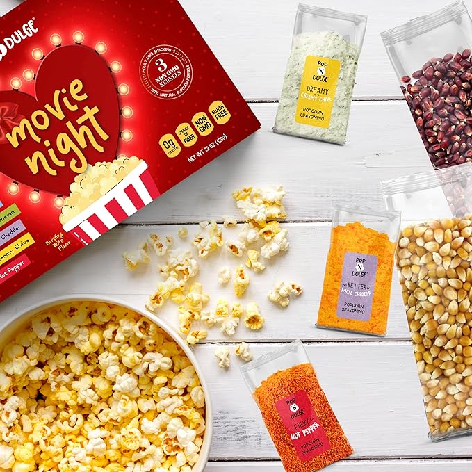 Mothers Day Gifts Movie Night Popcorn Gift Set, Mothers Day Gifts For Wife, 10 Piece Set, 5 Gourmet Popcorn Kernels and 5 Popcorn Seasoning Flavoring, Kosher, Non-GMO Movie Night Gift Baskets Gift Idea For Mom, Wife, Daughter