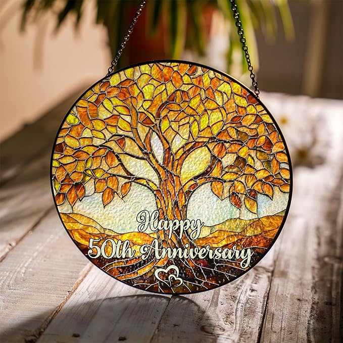 50th Wedding Anniversary Faux Stained Glass Suncatcher, 50 Years of Maried Anniversary Ornament, Golden Anniversary Window Hanging, Tree of Life Keepsake Suncatcher