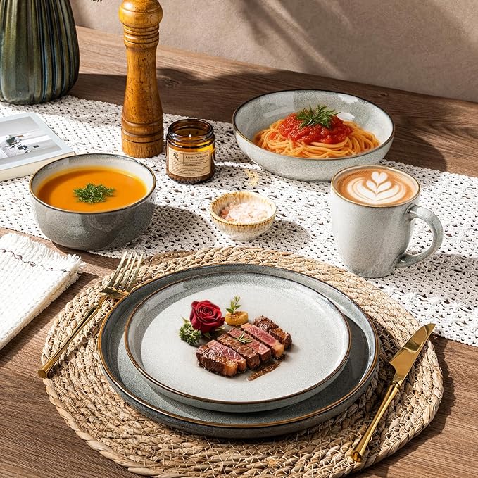 GBHOME 32 Pieces Double Bowls Ceramic Dinnerware Sets for 8, Stoneware Plates and Bowls Set with Reactive Glaze, Scratch Resistant Stoneware Dishes Set, Dishwasher & Microwave Safe
