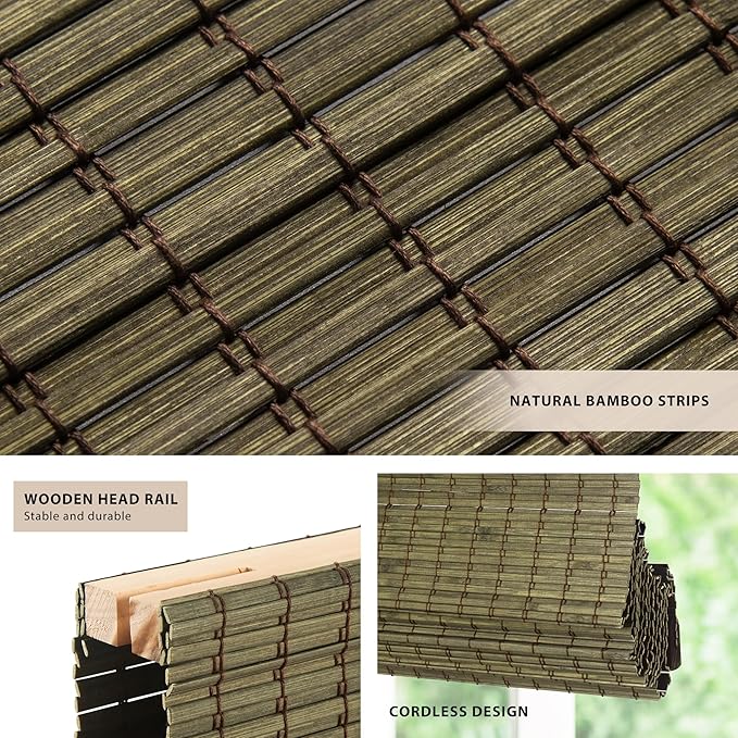LazBlinds No Tools No Drill Cordless Bamboo Roman Shades, Privacy Window Treatment, Roll Up Bamboo Blinds for Windows 24'' W x 64'' H, Driftwood