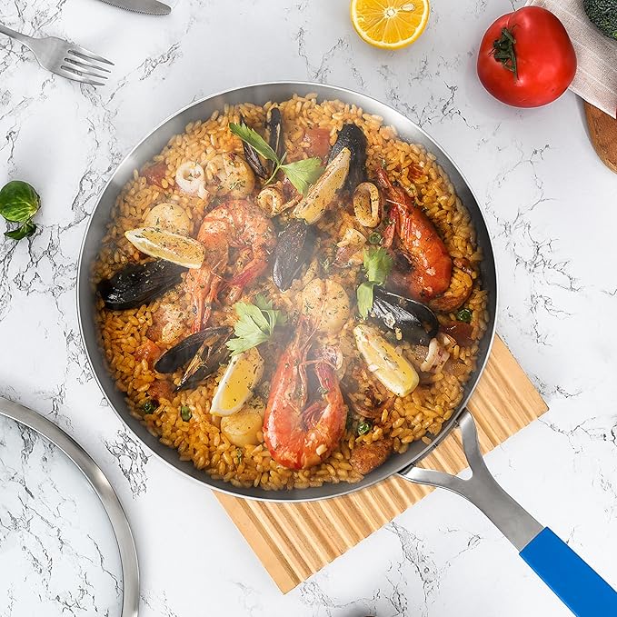 Inqibee 12 Inch Tri-Ply Stainless Steel Frying Pan with Lid, Skillet, Chef's Pan, Induction Cooking Pan, All Cooktops, Dishwasher Safe and Detachable Handle
