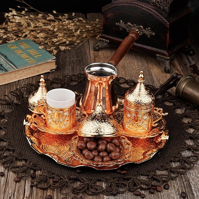 DEMMEX Turkish Greek Arabic Coffee Making and Serving Full Set with Cups Saucers Lids Sugar Bowl Tray and Copper Coffee Pot, Hand Decorated with Gold Crystals, 12 Pcs (Gold)