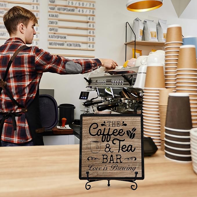 Coffee Bar Sign, Love is Brewing Farmhouse Tabletop Decor, Coffee and Tea Lover Gifts, 5x5 Wood Plaque with Iron Stand for Home Kitchen Cafe, Coffee Bar Decor – L02