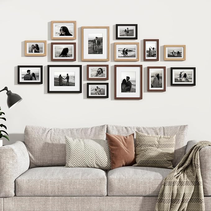 Venusmiles 15 Pack Picture Frames Collage Wall Decor, Gallery Frame Set for Wall Mounting or Tabletop Display, Multi Sizes Including 3pcs 8x10, 6pcs 5x7, 6pcs 4x6, Black+Oak+Walnut