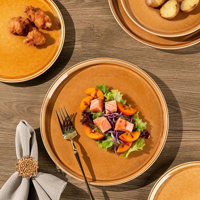 GBHOME Ceramic Dinnerware Sets for 6, 18 Pieces Stoneware Plates and Bowls Sets, Scratch Resistant Dishes, Dishwasher & Microwave Safe, Reactive Glaze-Amber
