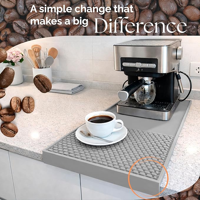 Coffee & Bar Mat For Countertop With "Edge Protection" – Espresso Machine & Coffee Maker Mat – Silicone Heat Resistant Mat – Non-Slip & BPA-Free Food Grade Mat – 12"(Front) x 24"(Length), Gray