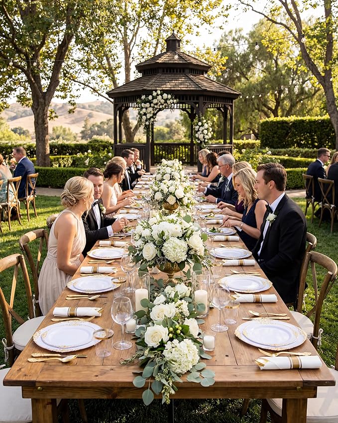 Nervure 350PCS Gold Plastic Plates - Gold Plastic Dinnerware Sets for 50 Guests - 100 Disposable Plates, 150 Silverware, 50 Cups, 50 Napkins for Wedding & Party & Mothers Day