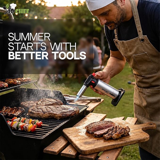 Jo Chef Kitchen Torch with Butane Included – Refillable Lighter with Safety Lock & Adjustable Flame, Blow Culinary Torch for Cooking, BBQ, Creme Brulee, DIY and Soldering - 1 Can (3.38oz) Included