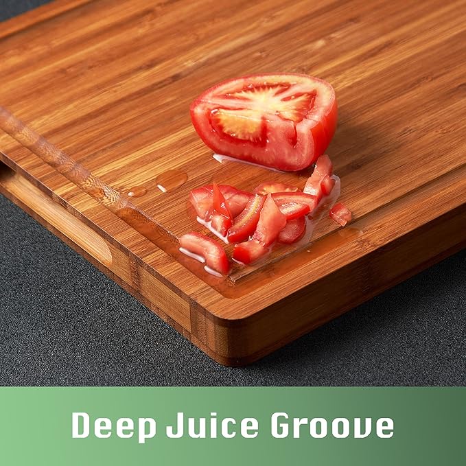 Allsum Large Wood Cutting Board for Kitchen, 1” Thick Bamboo Cheese Charcuterie Board, Butcher Chopping Block, with Juice Grooves and Handles