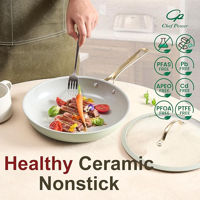 Chef Power Ceramic Cookware Sets, 10Pcs Pots and Pans Set Non Stick, Cookware Set with Stainless Steel Handle, Dishwasher & Oven Safe, Sage Green and Granite Grey