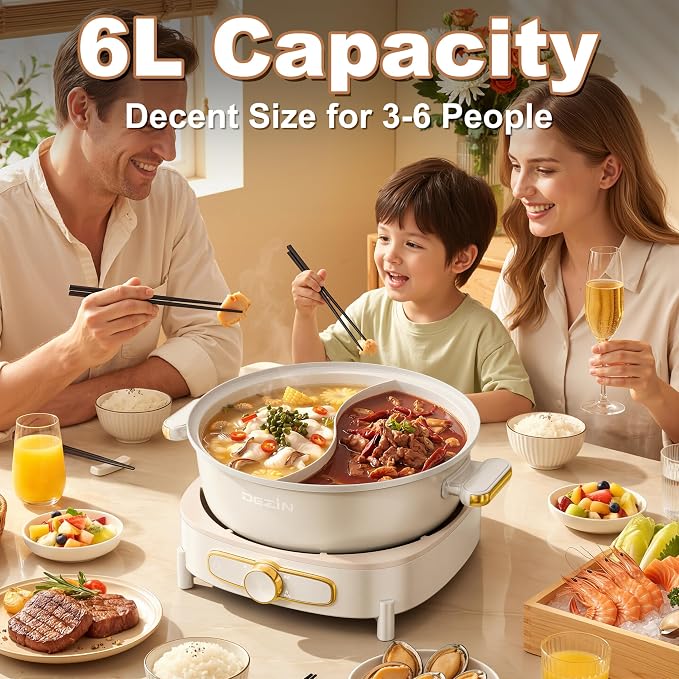 Dezin 6L Hot Pot Electric with Divider, Shabu Shabu Pot with Power Control | Removable 1500W Chinese Hot Pot, Non-Stick Hotpot with Multi-Power Adjustment, 3" Depth Double-Flavor Pot with Silicone Ladle