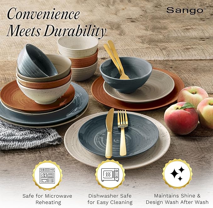 Sango Siterra Painter's Palette 16-Piece Stoneware Dinnerware Set - Service for 4, Ceramic Plates and Bowls Sets, Chip Resistant, Rustic Dishware, Microwave & Dishwasher Safe Kitchen Dishes