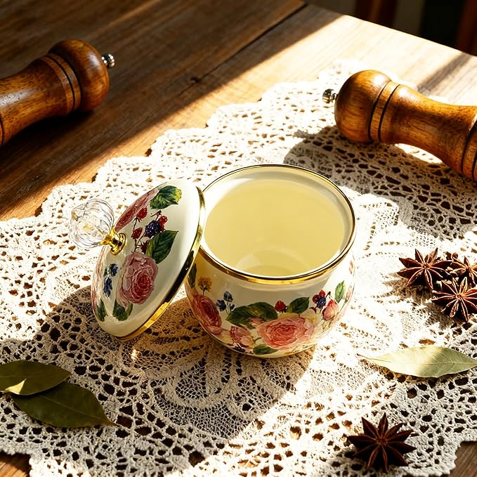 Floral Enamel Sugar Bowl Gold Ethnic Seasoning Jar Vintage Tea Canister Spice Box Retro Coffee Candy Storage Pot Bohemian Pink Flower Beige Salt Container Jar for Home Kitchen Decor