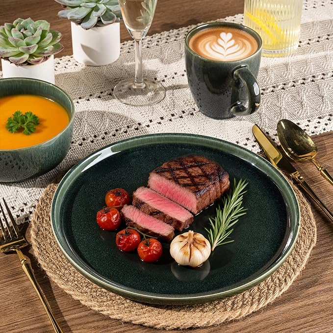 GBHOME Ceramic Dinnerware Sets for 6, 18 Pieces Stoneware Plates and Bowls Sets, Reactive Glaze Dishes -Scratch Resistant, Dishwasher&Microwave Safe, Earth Green
